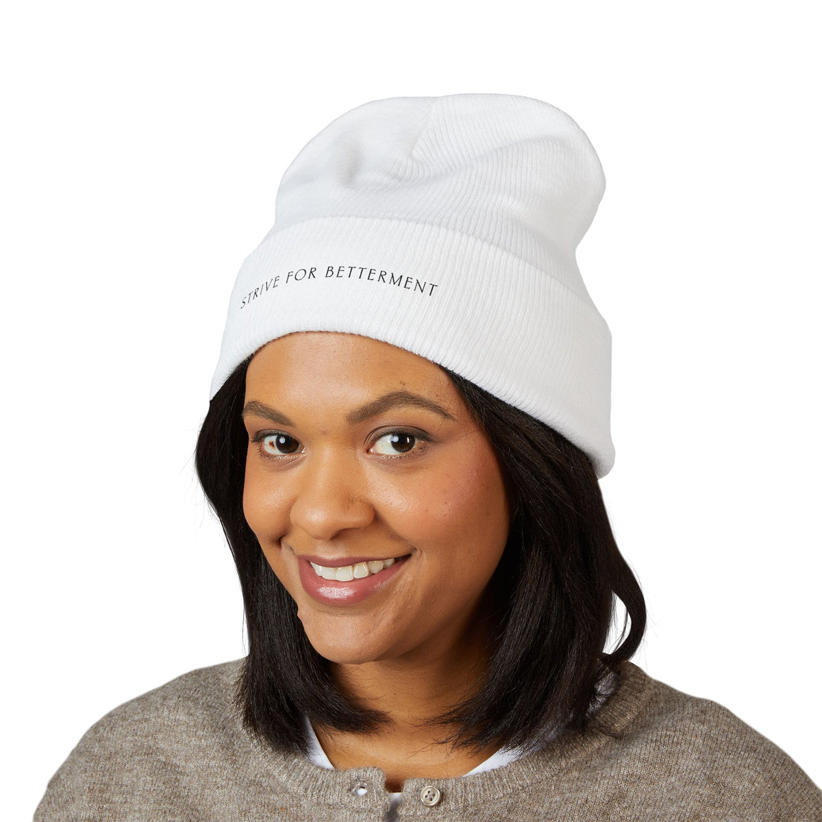 Embroidered 'Strive for Betterment' Cuffed Beanie | Motivational Knit Hat