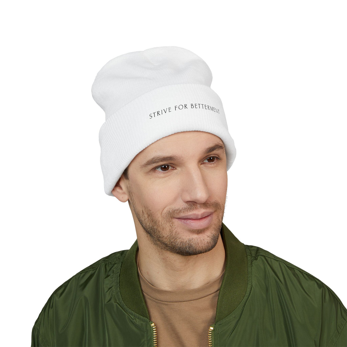 Embroidered 'Strive for Betterment' Cuffed Beanie | Motivational Knit Hat